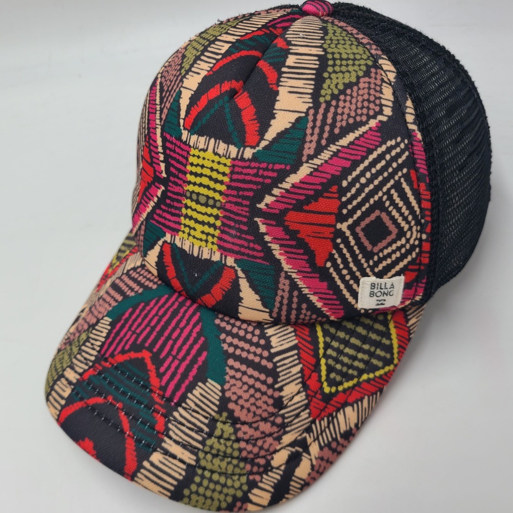 Women Billabong Hat Snapback Trucker Mesh Black Multicolor Tribal Geometric Surf